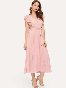 SHEIN Vestido cruzado con cinturón de sisa fruncido panel fruncido - Rosa coral - Ver 4