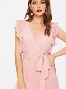 SHEIN Vestido cruzado con cinturón de sisa fruncido panel fruncido - Rosa coral - Ver 5