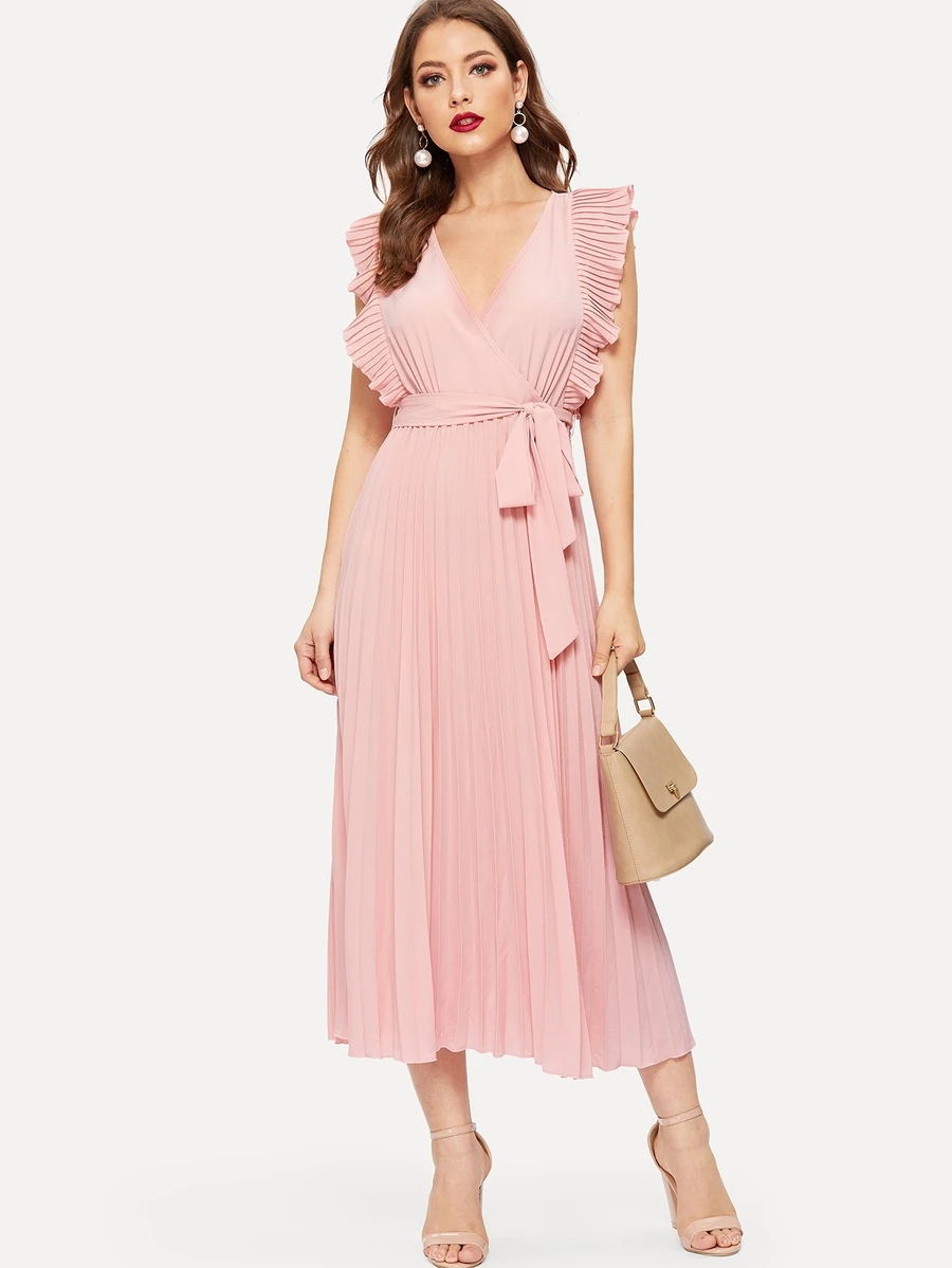 SHEIN Vestido cruzado con cinturón de sisa fruncido panel fruncido - Rosa coral - Ver 1