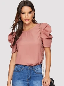 SHEIN Clasi 後鎖孔泡泡袖子上衣 - 藕粉色 - 查看 1