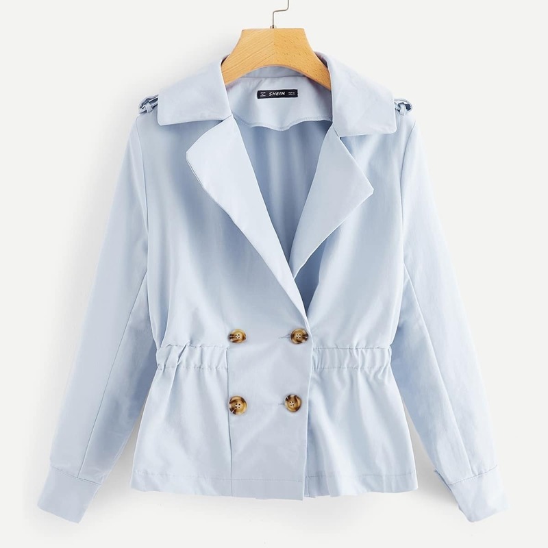 

Double Breasted Elastic Waits Solid Coat, Blue