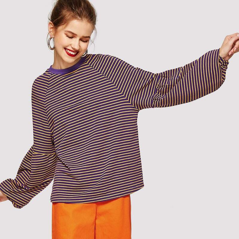 

Drop Shoulder Striped Pullover, Purple