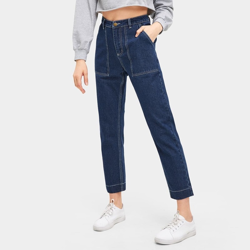 

Pocket Patched Contrast Stitch Jeans, Blue