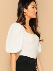 SHEIN Privé Puff Sleeve Square Neck Fitted Top - White - View 3