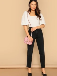 SHEIN Privé Puff Sleeve Square Neck Fitted Top - White - View 5