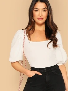 SHEIN Privé Puff Sleeve Square Neck Fitted Top - White - View 1