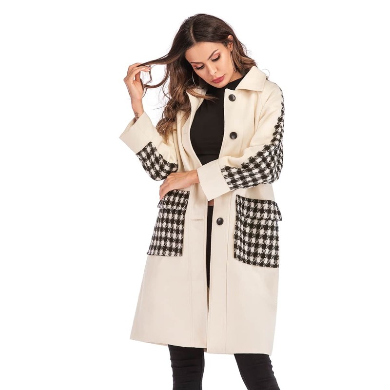 

Houndstooth Panel Single-breasted Tweed Coat, Beige