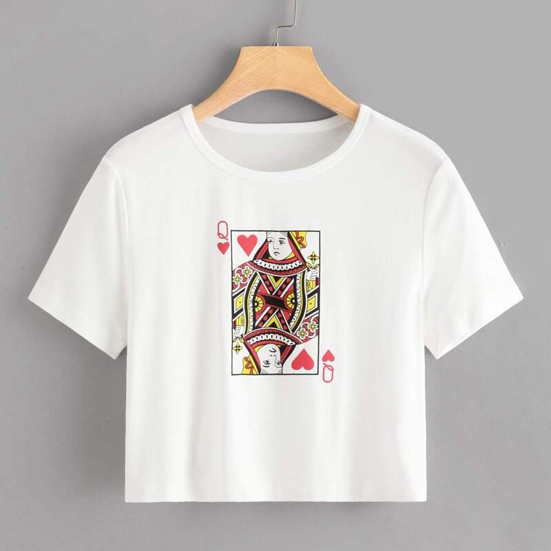 

1Plus1 Girls Poker Card Print Crop Tee, White