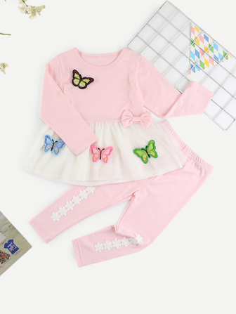 Toddler Girls Contrast Mesh Butterfly Patched Top With Pants