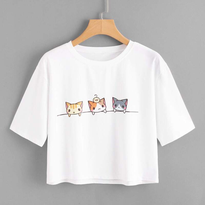 

Cat Print Crop Tee, White