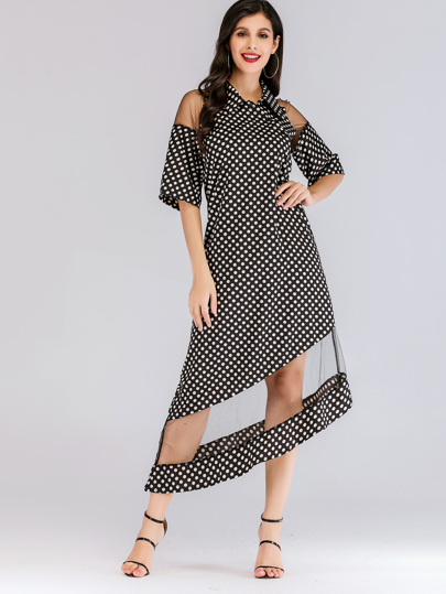 Polka Dot Contrast Mesh Asymmetric Hem Dress pictures