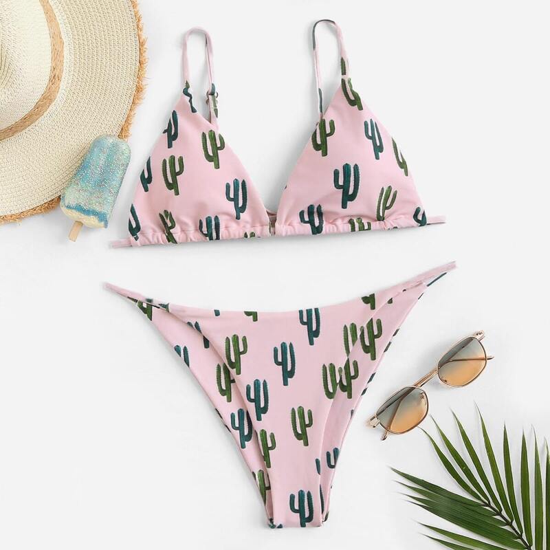 

Random Cactus Print Triangle Top With Tanga Bikini, Multicolor