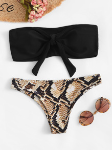 Tie Front Bandeau With Snake Print Bikini Set