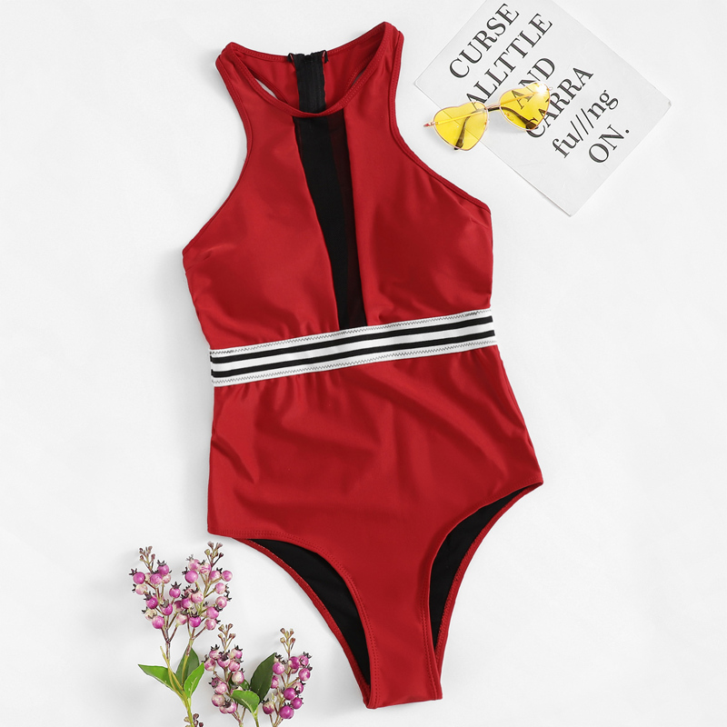 

Striped Contrast Mesh High Neck One Piece Swimsuit, Red bright