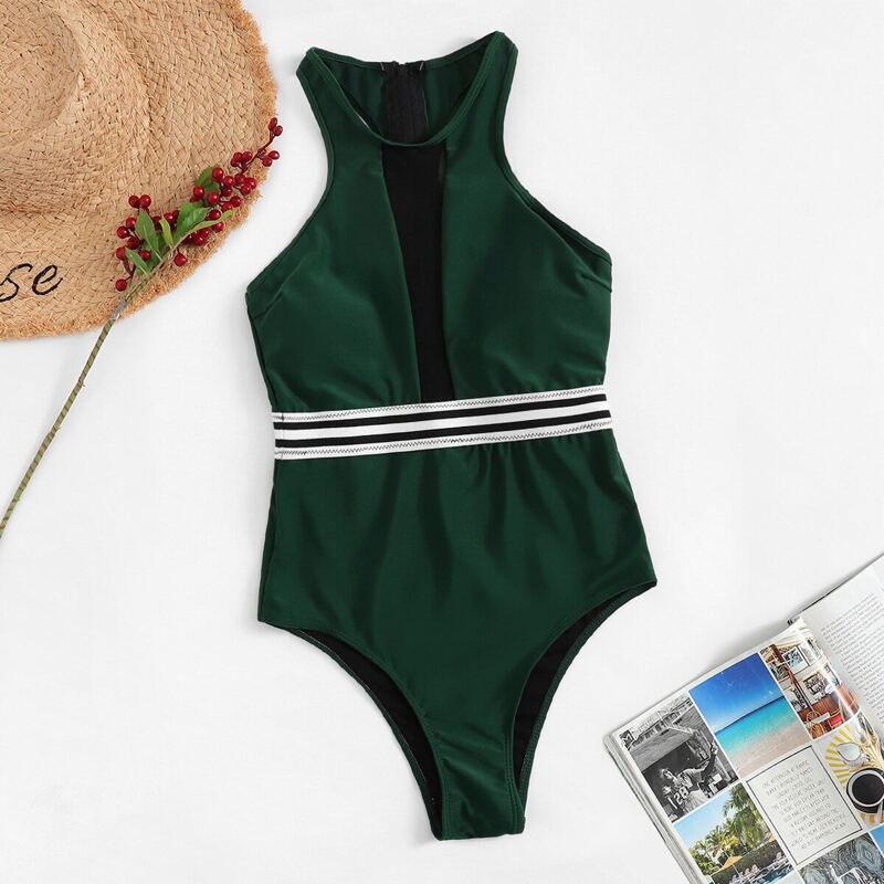 

Striped Contrast Mesh High Neck One Piece Swimsuit, Green