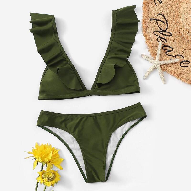 

Ruffle Triangle Top With Panty Bikini Set, Army green