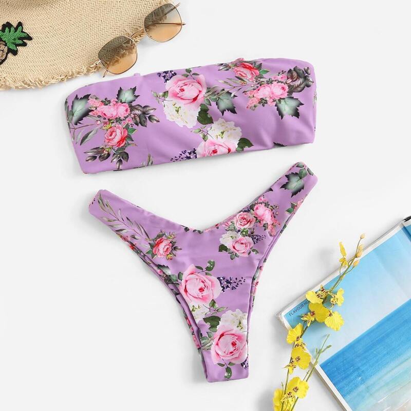 

Random Floral Lace-up Bandeau With High Cut Bikini, Purple