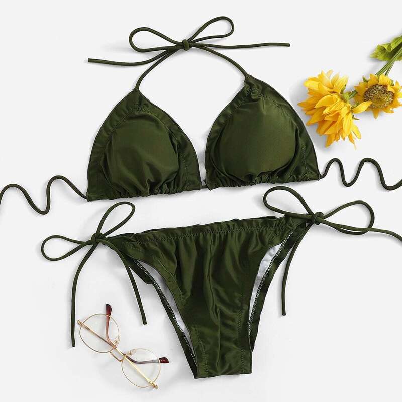

Lettuce Trim Halter Top With Tie Side Bikini, Army green