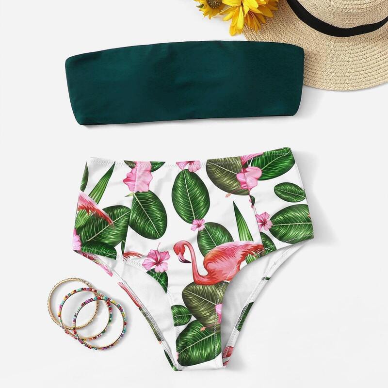 

Bandeau With Random Tropical High Waist Bikini, Multicolor
