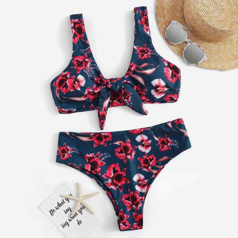 

Random Floral Tie Front Top With Panty Bikini, Multicolor