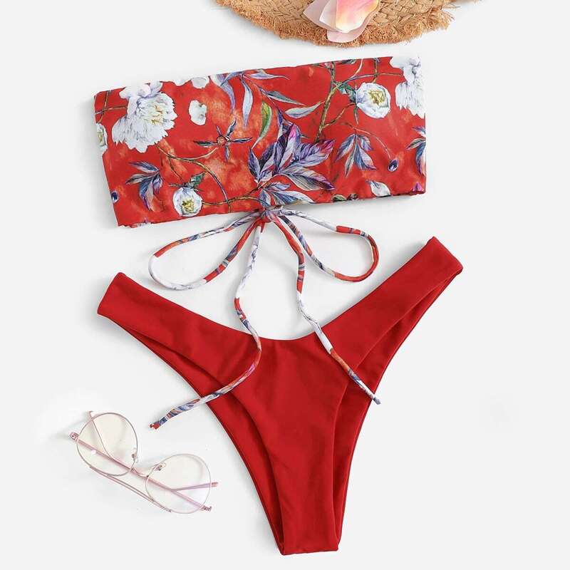 

Random Floral Lace-up Bandeau With High Cut Bikini, Red