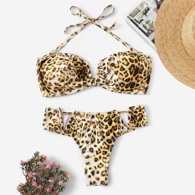 

Leopard Ruched Halter Top With Cheeky Bikini, Multicolor