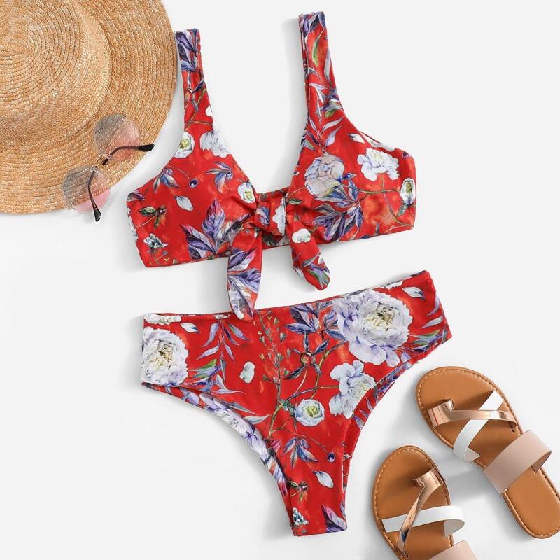 

Random Floral Tie Front Top With High Waist Bikini, Multicolor