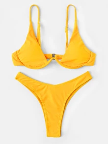 SHEIN Swim 夏季海灘有鋼圈高腰比基尼套裝 - 芥末黃 - 查看 3