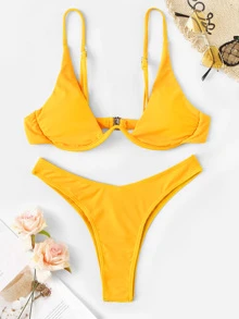 SHEIN Swim 夏季海灘有鋼圈高腰比基尼套裝 - 芥末黃 - 查看 1