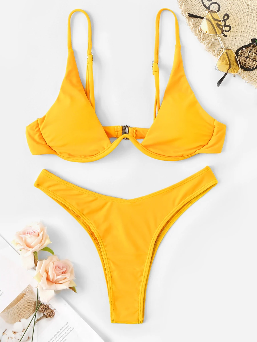 SHEIN Swim 夏季海灘有鋼圈高腰比基尼套裝 - 芥末黃 - 查看 1
