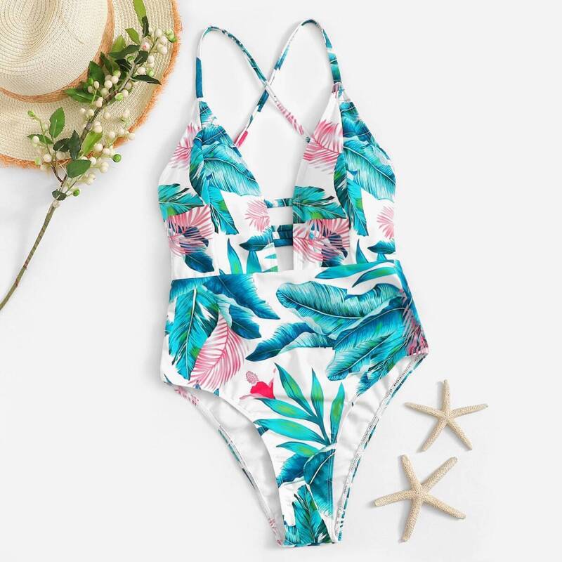 

Tropical Lace Up Back One Piece Swimwear, Multicolor