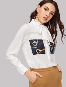 Contrast Pocket Tie Neck Blouse