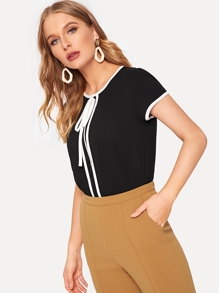 Contrast Trim Tie Neck Blouse
