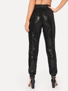 Drawstring Waist Sequin Panel Trousers - Black - View 2