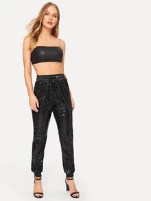 Drawstring Waist Sequin Panel Trousers - Black - View 3