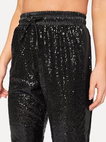 Drawstring Waist Sequin Panel Trousers - Black - View 4