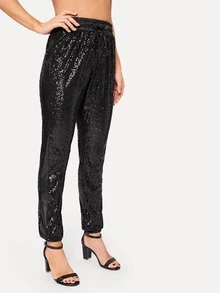 Drawstring Waist Sequin Panel Trousers - Black - View 5