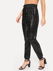 Drawstring Waist Sequin Panel Trousers - Black - View 1