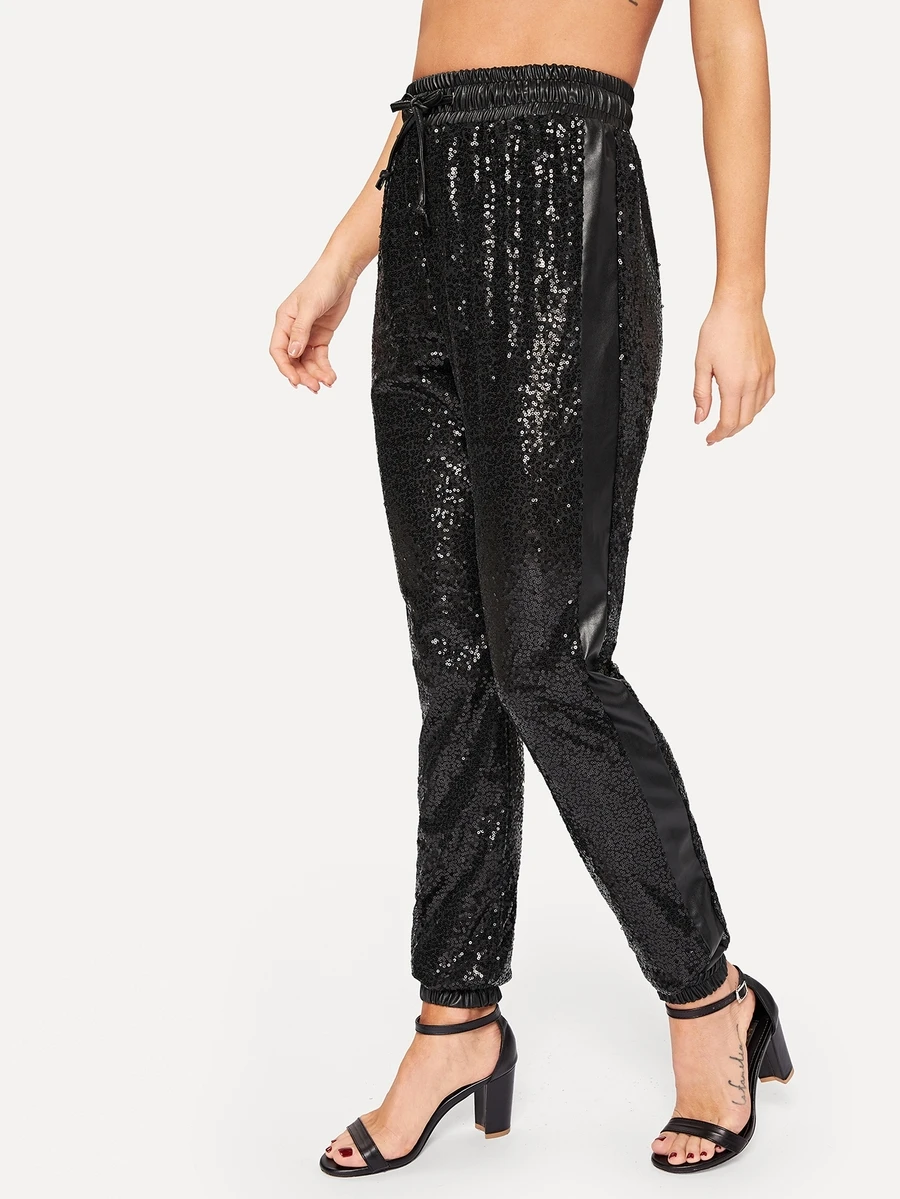 Drawstring Waist Sequin Panel Trousers - Black - View 1