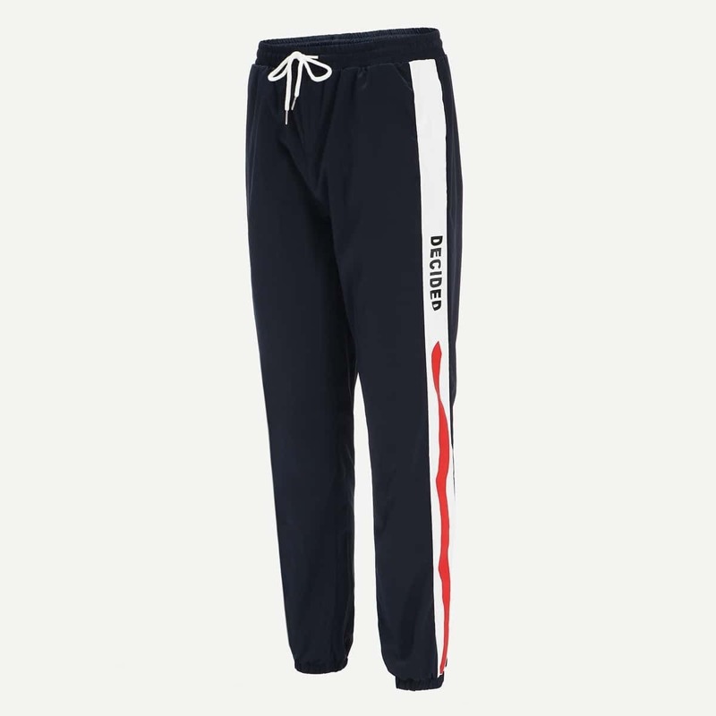 

Guys Letter Print Contrast Side Seam Drawstring Waist Pants, Navy