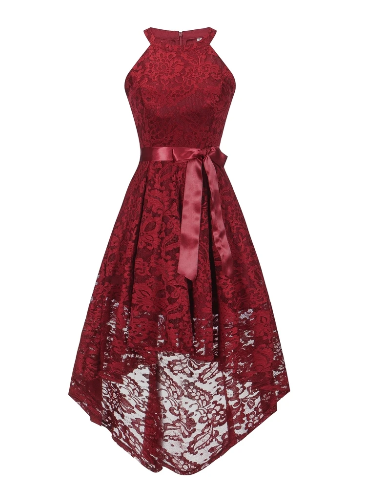 Ribbon Tie Halter Lace Asymmetrical 