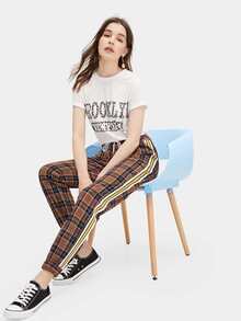 Striped Panel Drawstring Plaid Print Pants