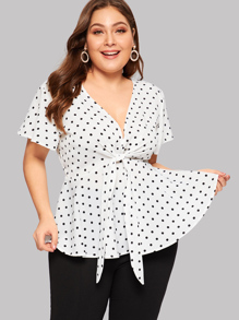 Plus Polka Dot Knot Front Blouse