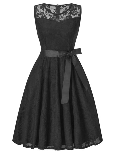 50s Lace Overlay Knot Solid Dress pictures
