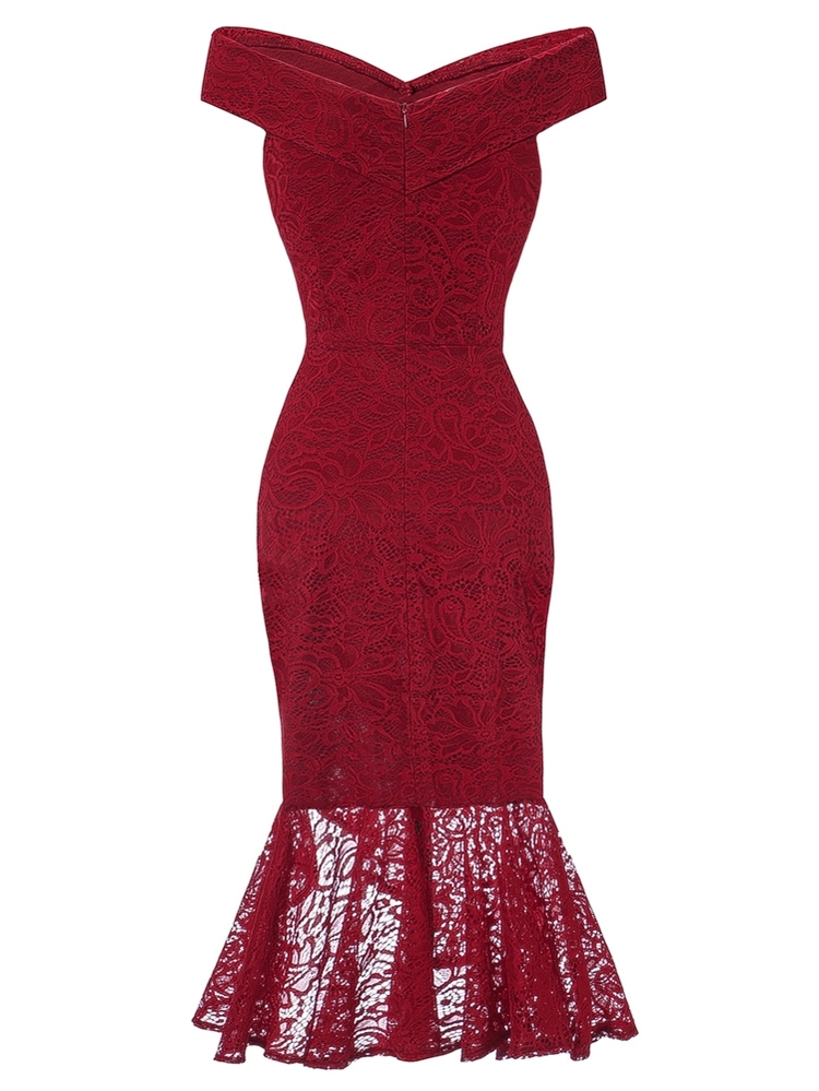 50s Off Shoulder Lace Overlay Fishtail Dress - Burgundy - View 2