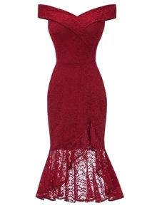 Vestido bajo asimétrico con encaje de hombros descubiertos 50s - Burdeos - Ver 1
