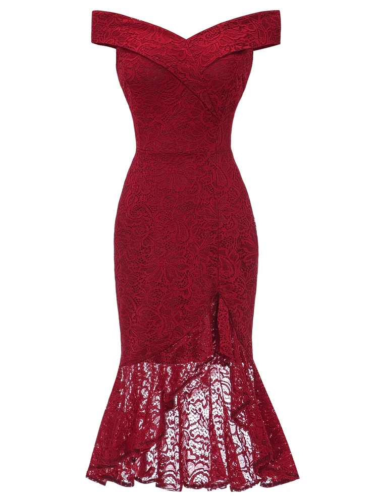Vestido bajo asimétrico con encaje de hombros descubiertos 50s - Burdeos - Ver 1