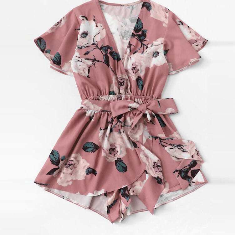 

Plus Floral Print Self-tie Waist Romper, Multicolor