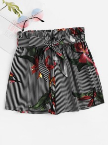 Stripe And Floral Print Belted Paperbag Shorts