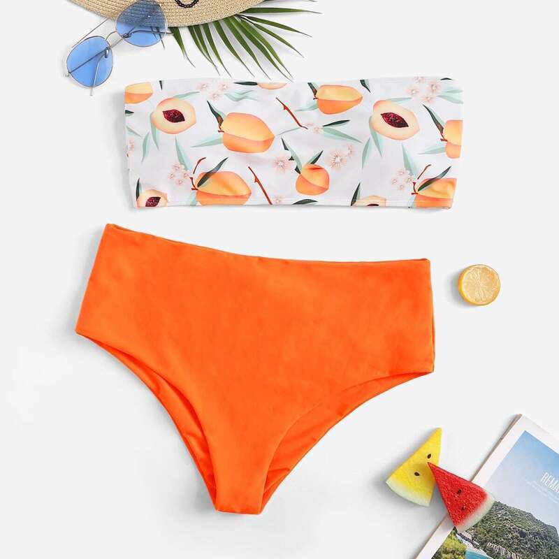 

Plus Peach Print Bandeau With High Waist Bikini, Multicolor